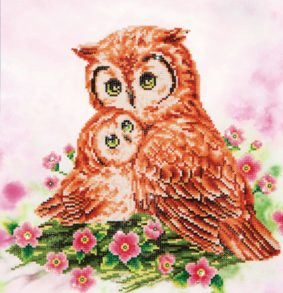 Diamond Dotz Mother & Baby Owl diamond painting kit showing a mother owl and baby owl