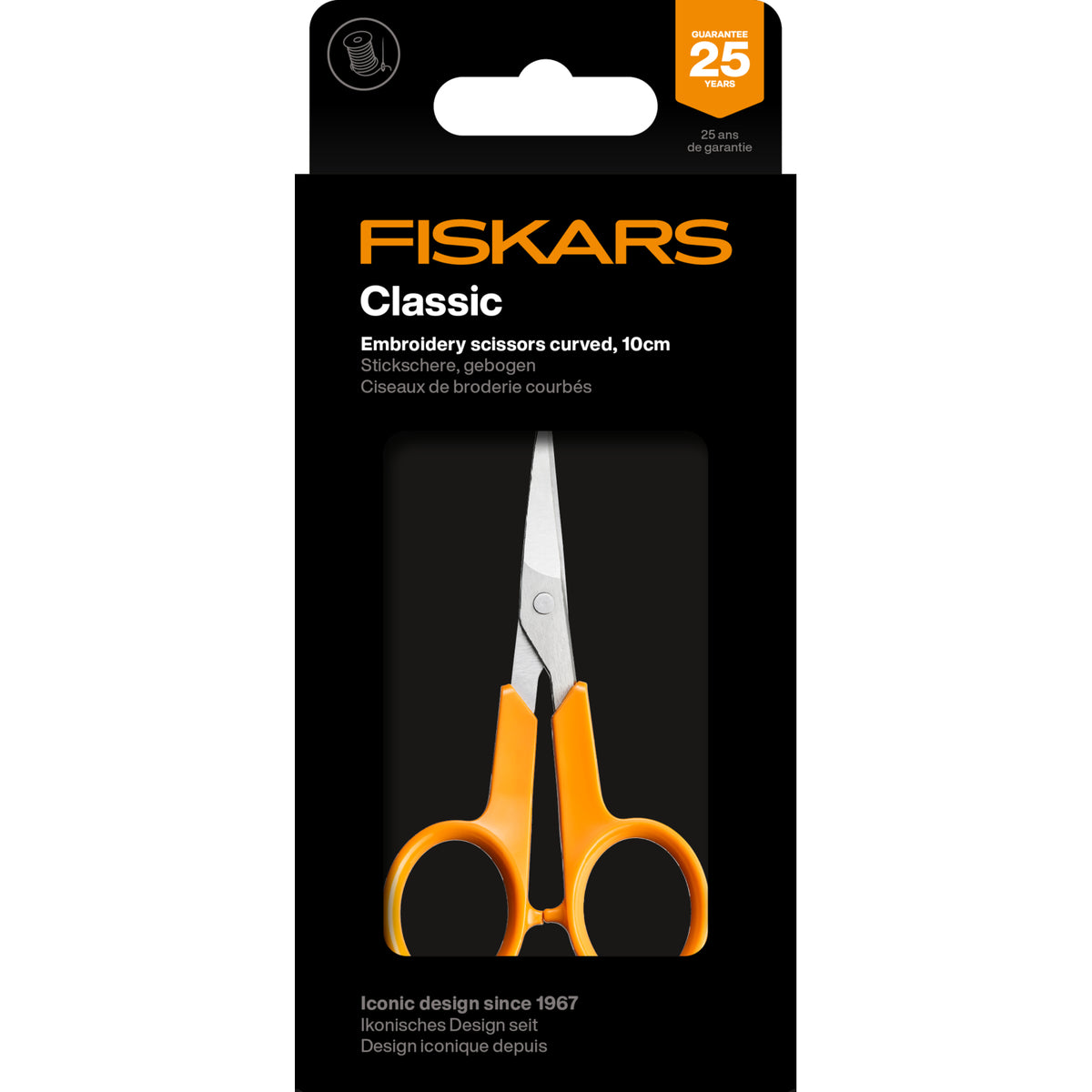 Fiskars Classic 10cm curved embroidery scissors with orange handles