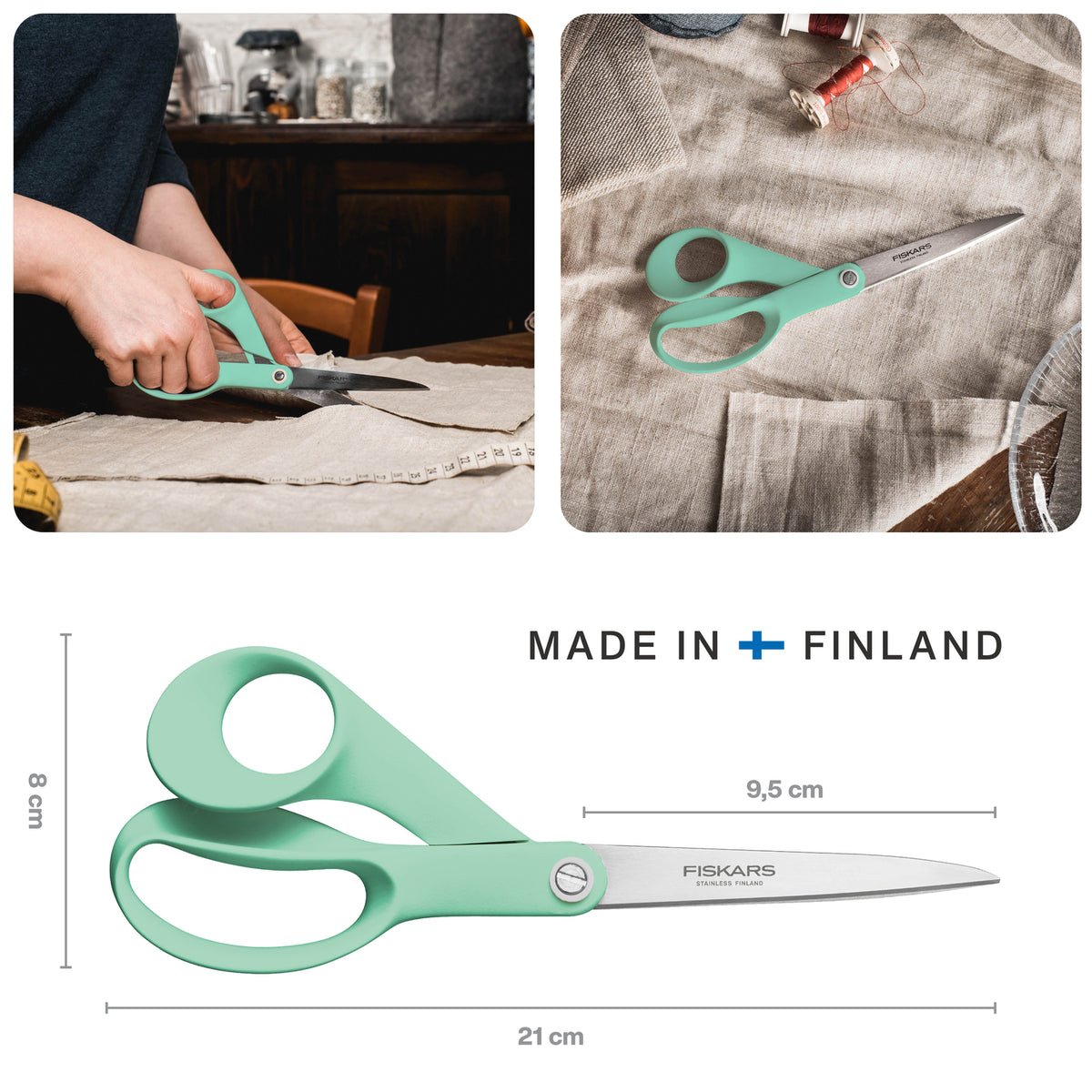 Fiskars 21cm scissors with mint green handles