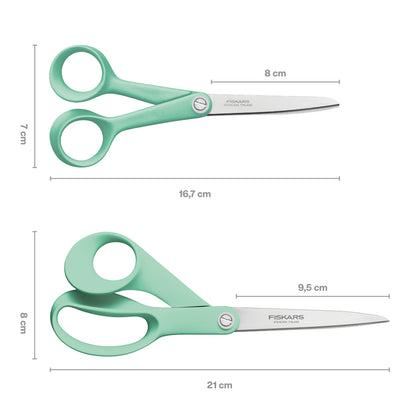 Two Fiskars scissors with mint green handles