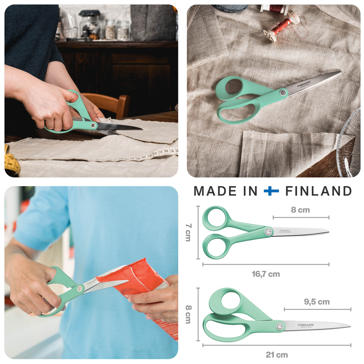 Two Fiskars scissors with mint green handles