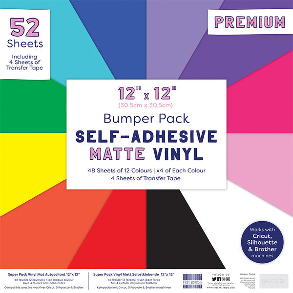 Cricut Compatible 12x12 Bumper Pack * Matte * Adhesive Vinyl - 48 sheets of Matte (12 colours) with 4 Transfer Tape Sheets
