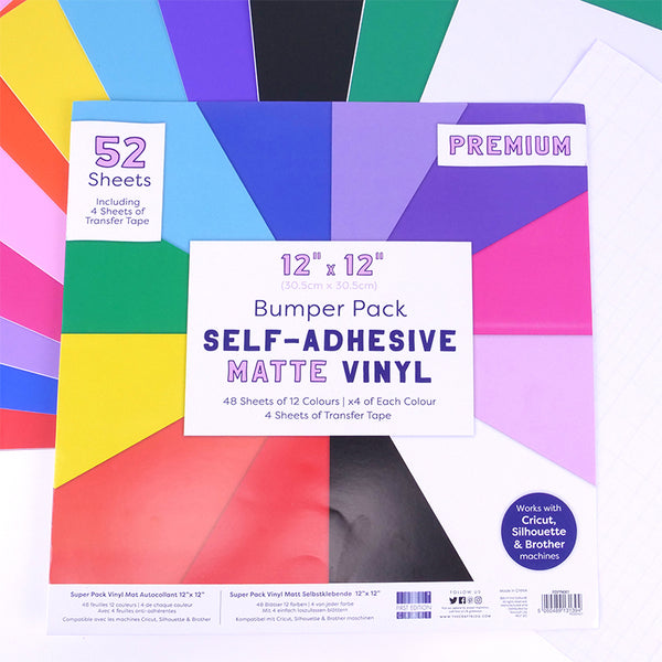 Cricut Compatible 12x12 Bumper Pack * Matte * Adhesive Vinyl - 48 sheets of Matte (12 colours) with 4 Transfer Tape Sheets
