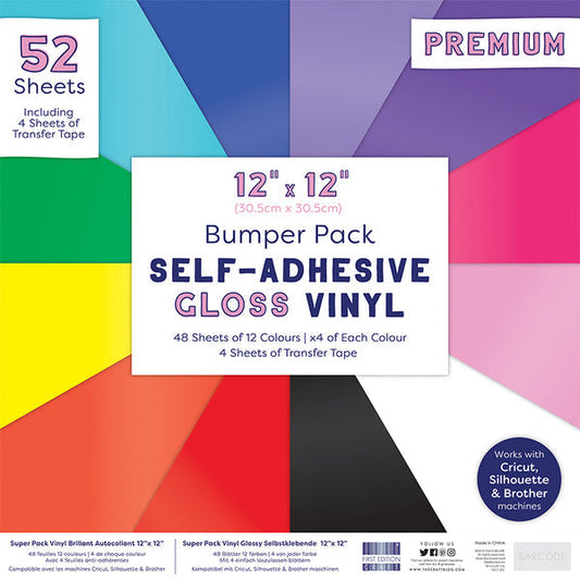 12x12 Bumper Pack * Gloss * Adhesive Vinyl - 48 sheets of Gloss (12 colours) with 4 Transfer Tape Sheets