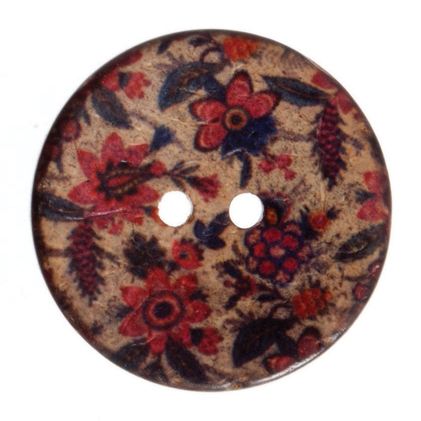 Multi-coloured floral patterned coconut shell button, 30mm