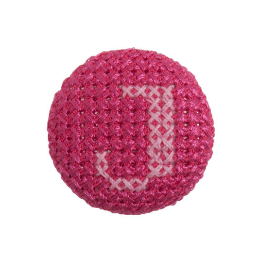 Round button with a fuchsia cross stitch letter J