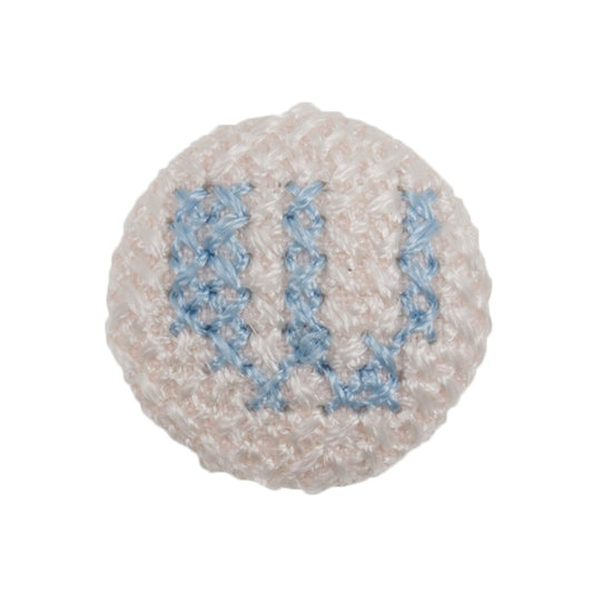 White fabric-covered button with a light blue cross-stitched letter W