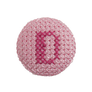 Pink fabric-covered button with a darker pink cross-stitched letter D