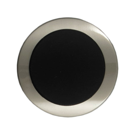 Round silver and black metal button with a domed rim