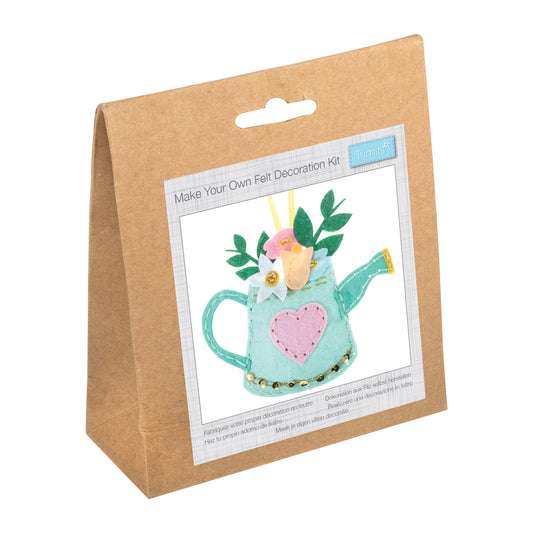 Finished felt watering can decoration with the Trimits kit packaging