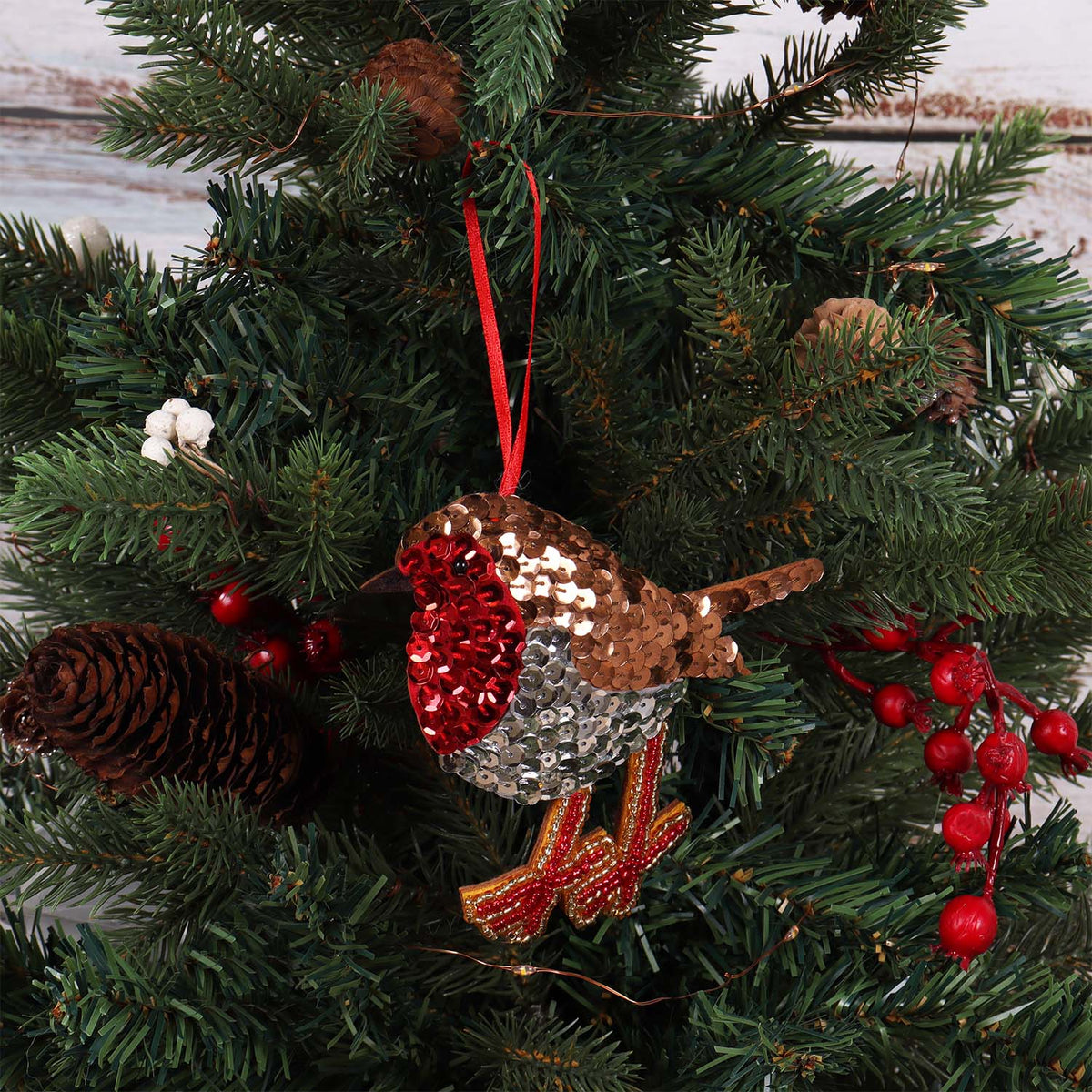 Finished sequin robin felt Christmas decoration