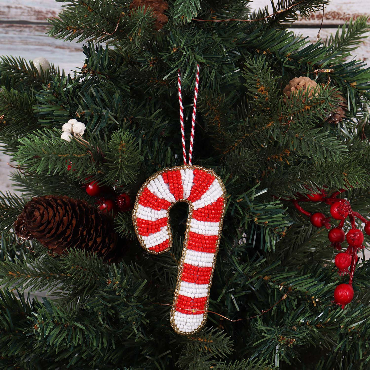 Finished beaded candy cane felt Christmas decoration