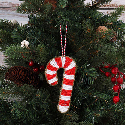 Finished beaded candy cane felt Christmas decoration