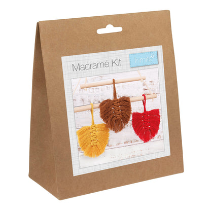 Three macrame autumn leaf decorations
