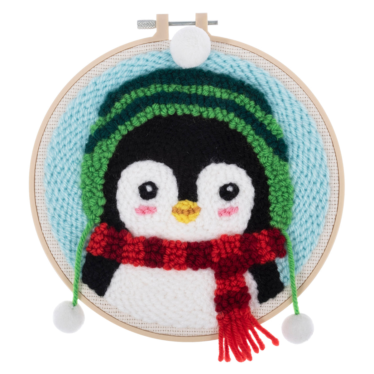 Christmas penguin punch needle design in a hoop