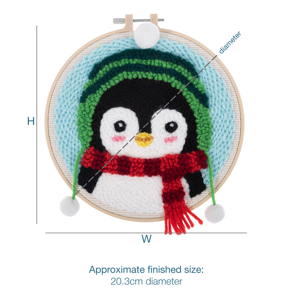 Christmas penguin punch needle design in a hoop