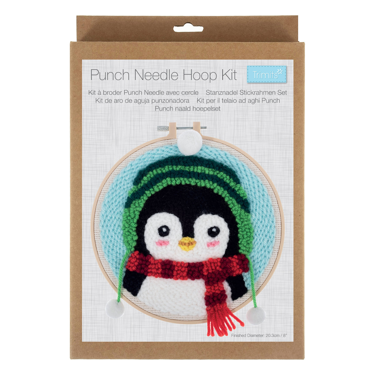 Christmas penguin punch needle design in a hoop