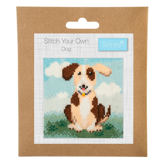 Trimits mini cross stitch kit showing a friendly dog