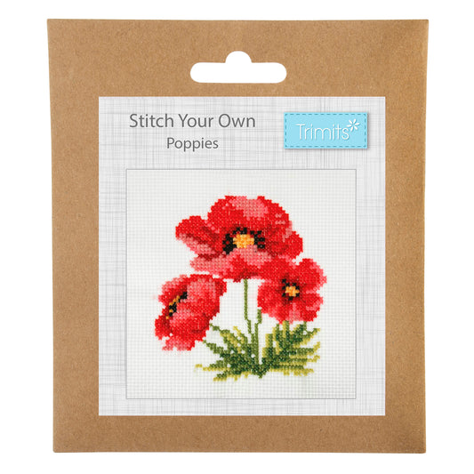Trimits mini cross stitch kit showing red poppies