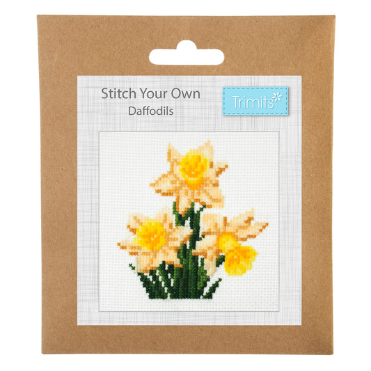 Trimits mini cross stitch kit showing a yellow daffodil