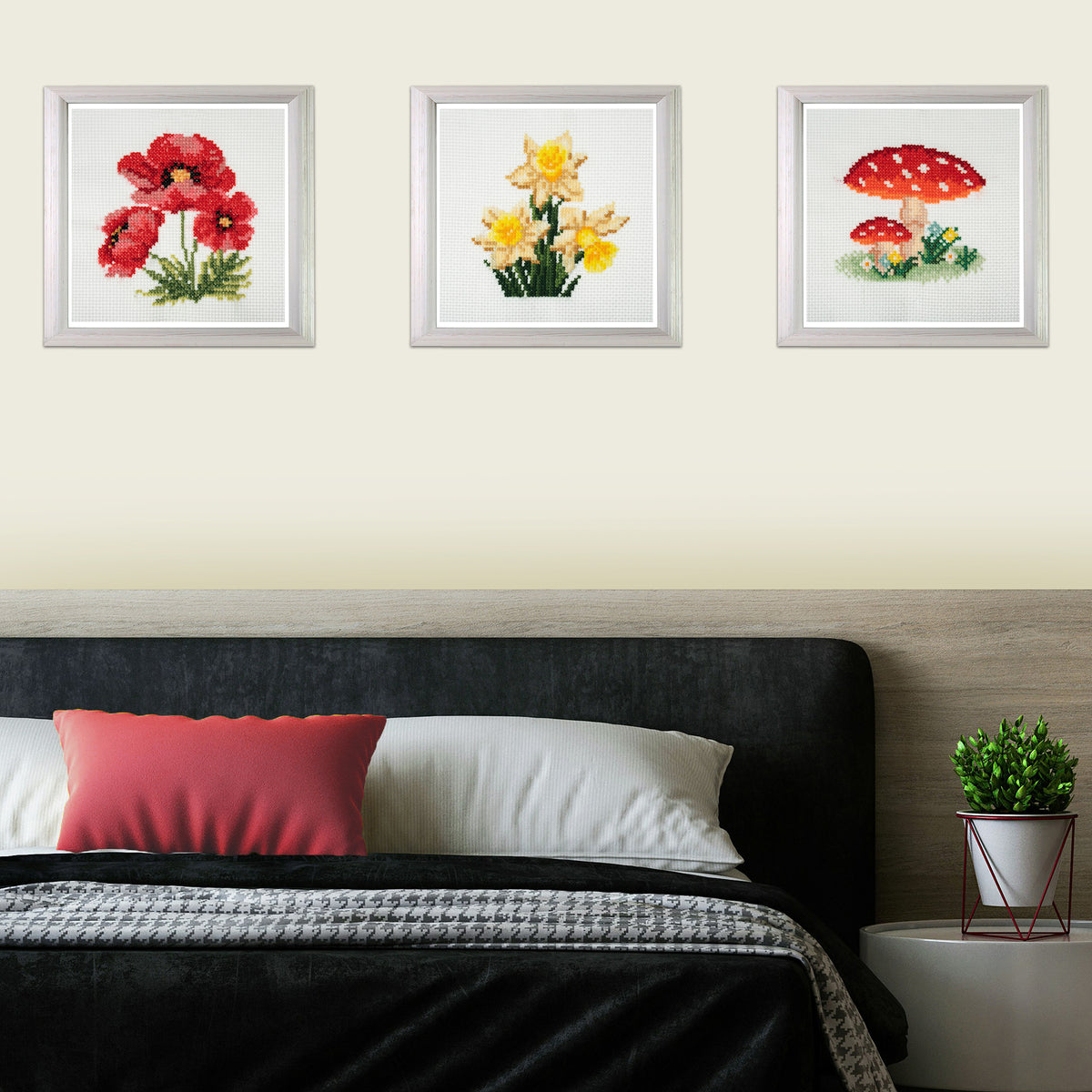 Trimits mini cross stitch kit showing a red spotted toadstool