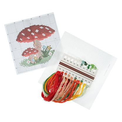 Trimits mini cross stitch kit showing a red spotted toadstool
