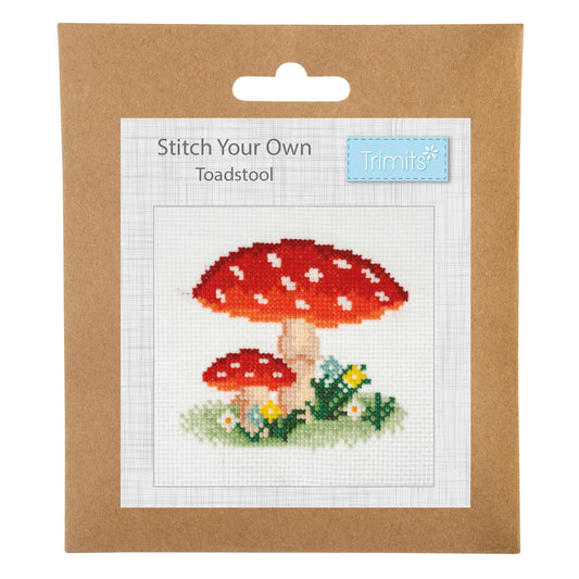 Trimits mini cross stitch kit showing a red spotted toadstool
