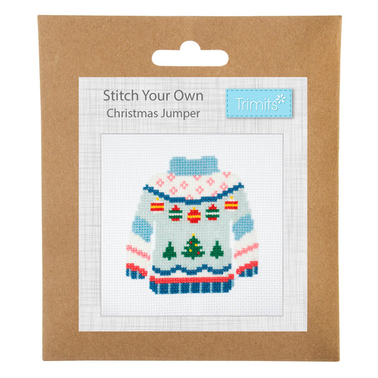 Trimits mini cross stitch kit showing a festive Christmas jumper
