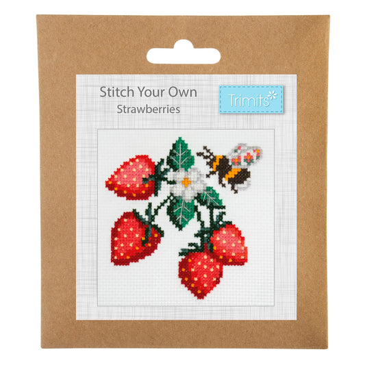 Trimits mini cross stitch kit showing ripe red strawberries