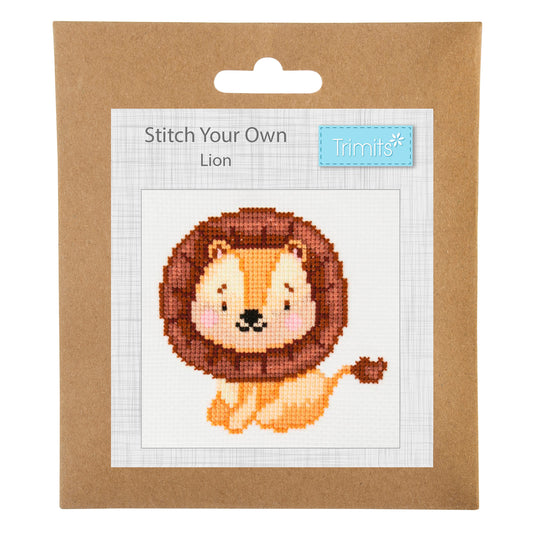 Trimits mini cross stitch kit showing a lion