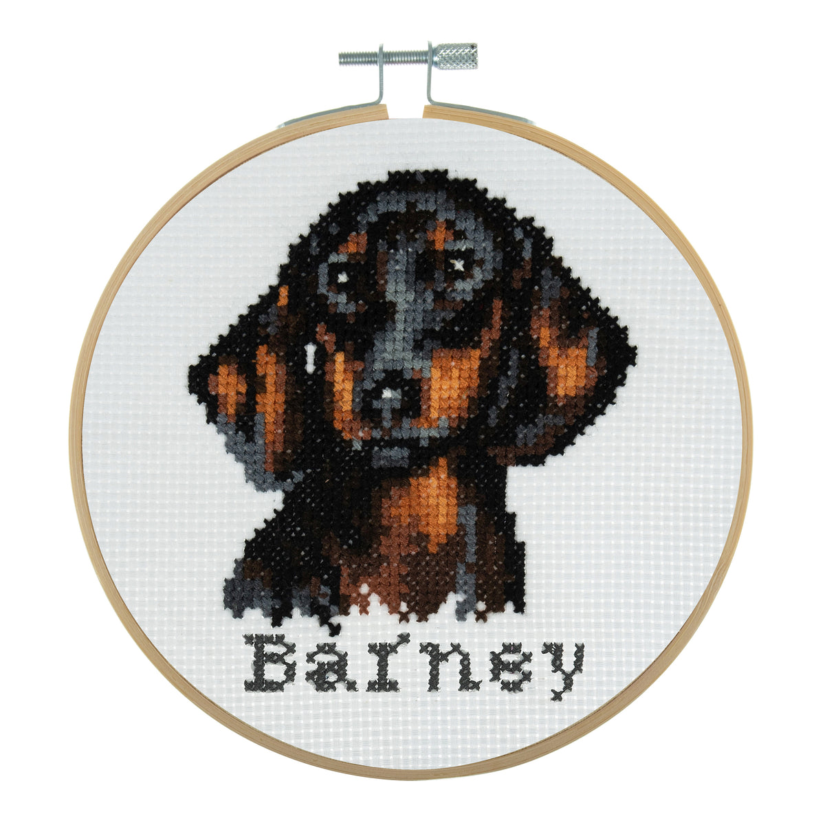Trimits mini cross stitch kit showing a dachshund