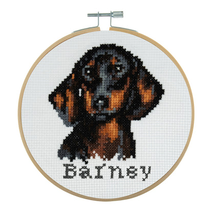 Trimits mini cross stitch kit showing a dachshund