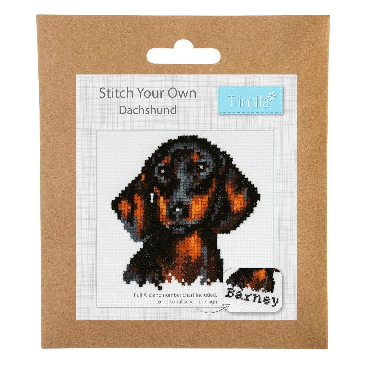 Trimits mini cross stitch kit showing a dachshund