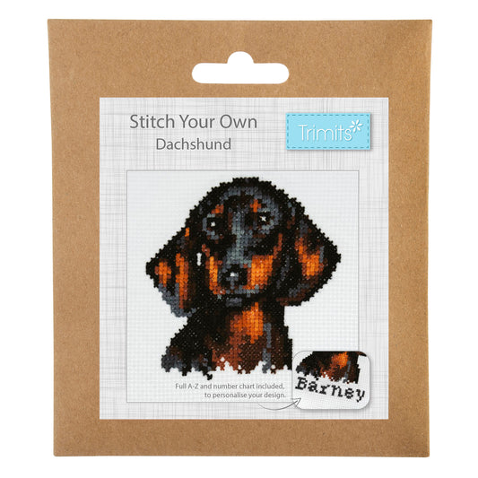Trimits mini cross stitch kit showing a dachshund