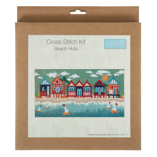 Finished counted cross stitch of a row of beach huts