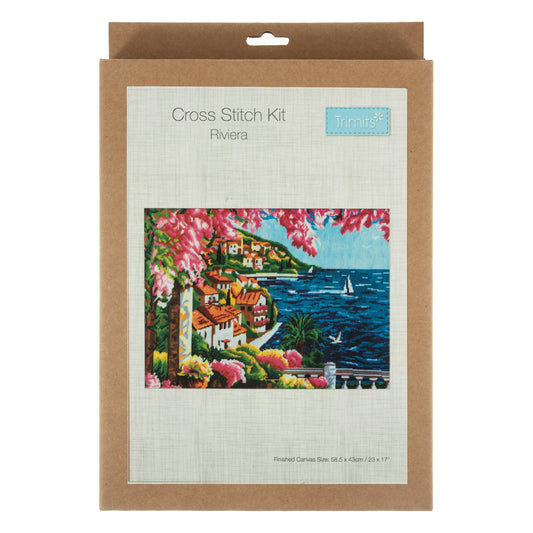 Finished counted cross stitch of a Riviera coastal scene