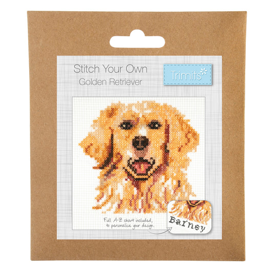 Trimits mini cross stitch kit showing a golden retriever