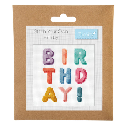 Trimits mini cross stitch kit showing a birthday celebration design