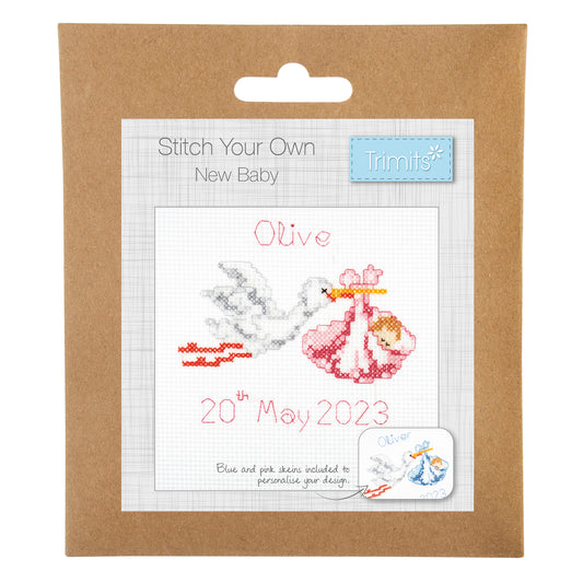 Trimits mini cross stitch kit showing a new baby celebration design