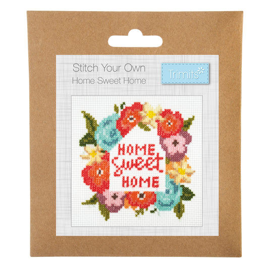 Trimits mini cross stitch kit showing a Home Sweet Home house design