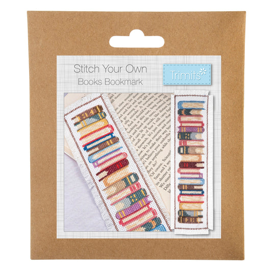 Trimits cross stitch bookmark kit showing a stack of books
