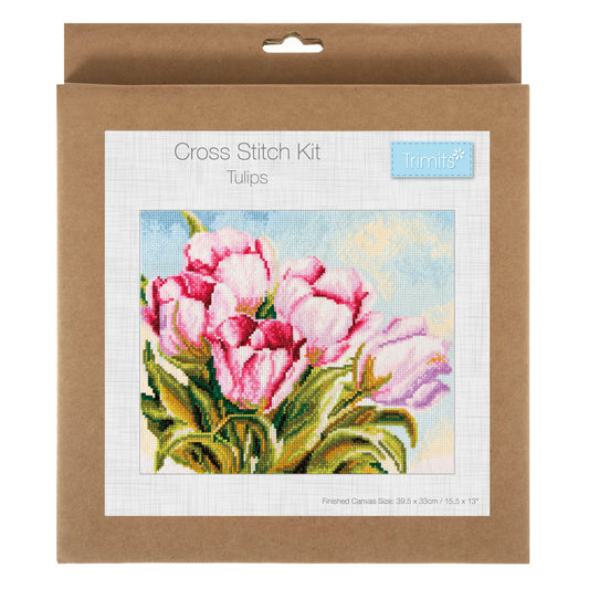Finished counted cross stitch of tulips