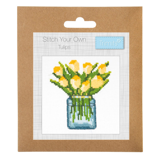 Trimits mini cross stitch kit showing colourful tulips