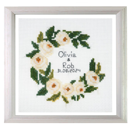 Trimits mini cross stitch kit showing a celebration wreath