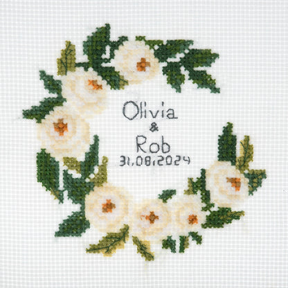 Trimits mini cross stitch kit showing a celebration wreath