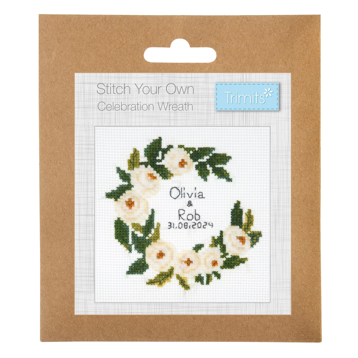Trimits mini cross stitch kit showing a celebration wreath