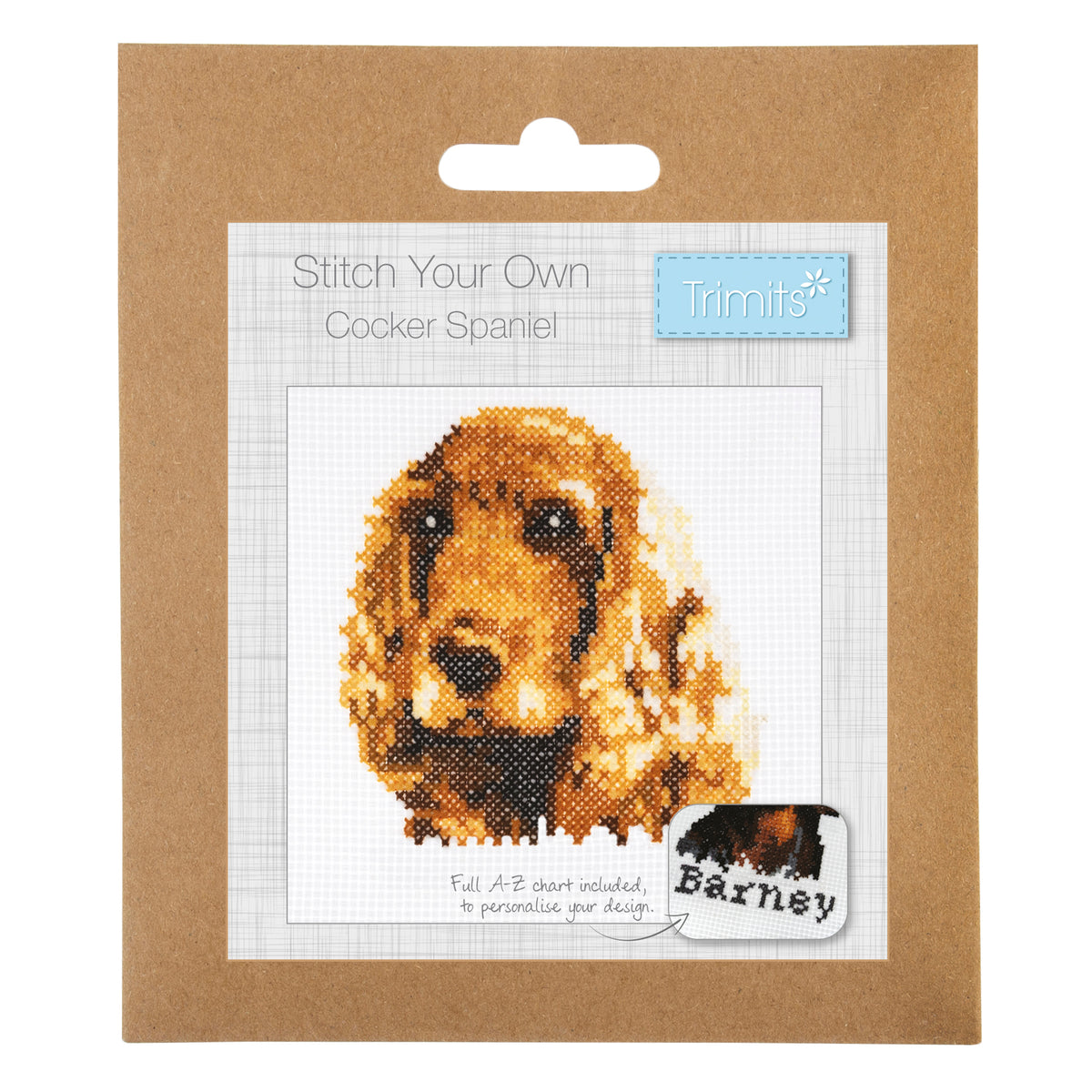 Trimits mini cross stitch kit showing a cocker spaniel