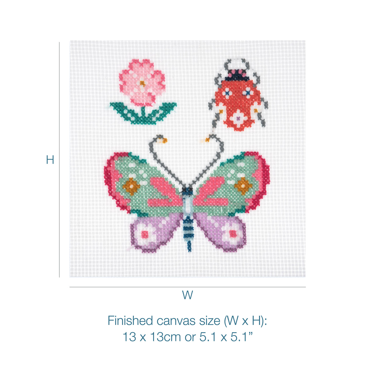 Trimits mini cross stitch kit showing a butterfly and a little bug