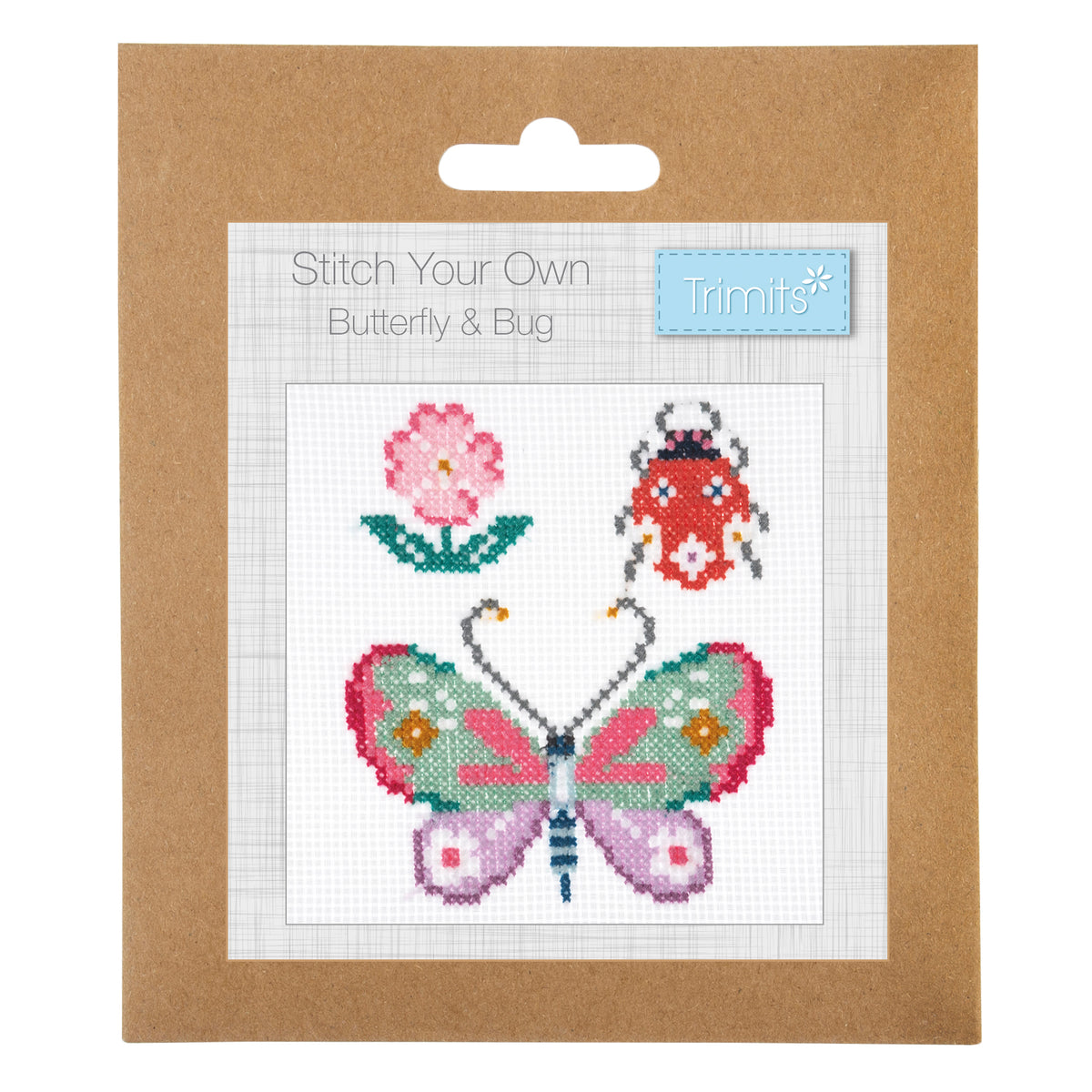 Trimits mini cross stitch kit showing a butterfly and a little bug