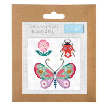 Trimits mini cross stitch kit showing a butterfly and a little bug